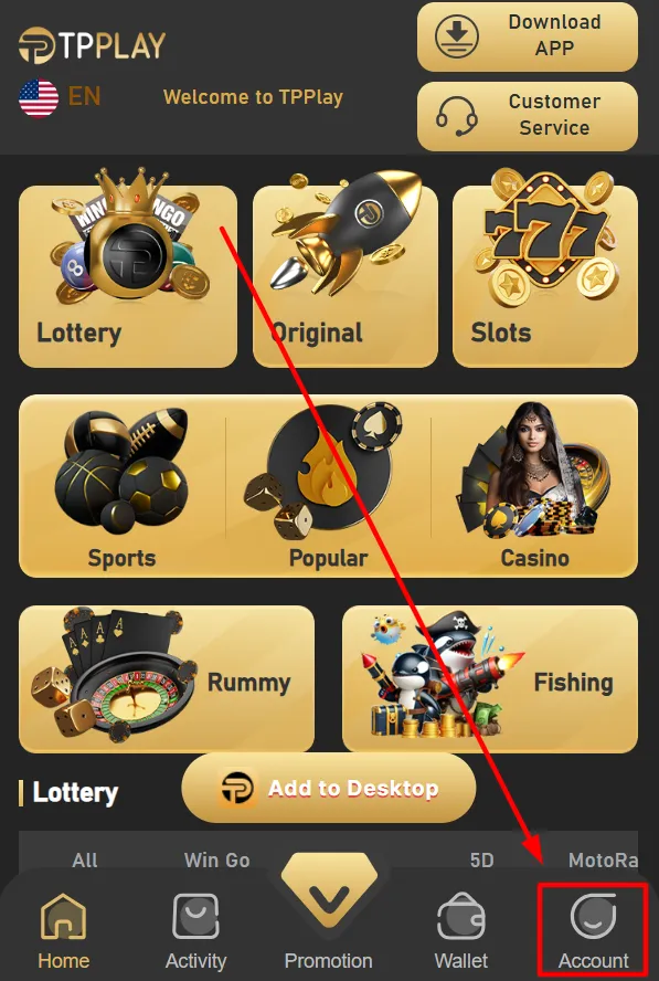 User opening the Account section in the TPPlay app